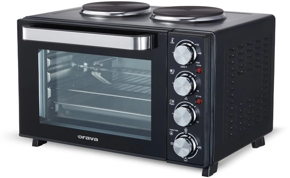 Elektrinė krosnelė Orava Elektra-X28 elektrinė orkaitė su dviem plokštelėmis, 28 l, 2600 W, grilio grotelės, juoda