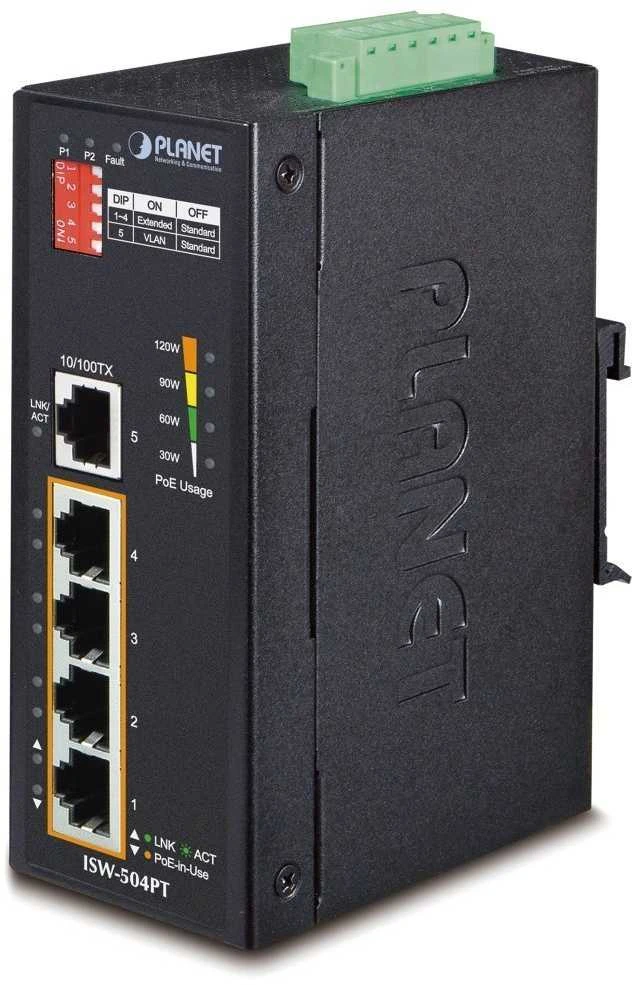 Šakotuvas Planet IP30 5 prievadų / TP POE pramoninis greitojo eterneto jungiklis (nuo -40 iki 75 C)