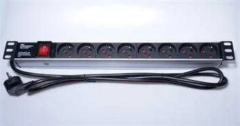 „PremiumCord PDU-F10G08S/SURGE“ 1U stovo tipo maitinimo blokas su apsauga nuo viršįtampių ir jungikliu, 8 lizdai, 2 m kabelis