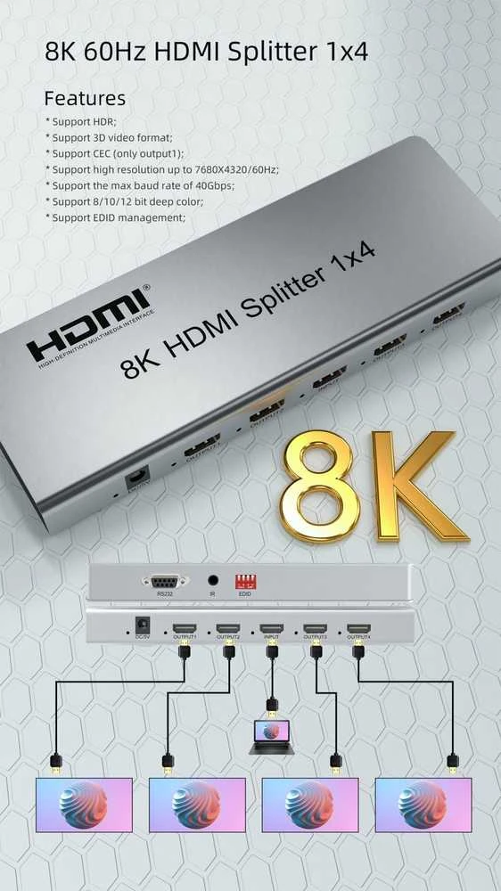 PremiumCord HDMI 1x4 skirstytuvas su technine specifikacija
