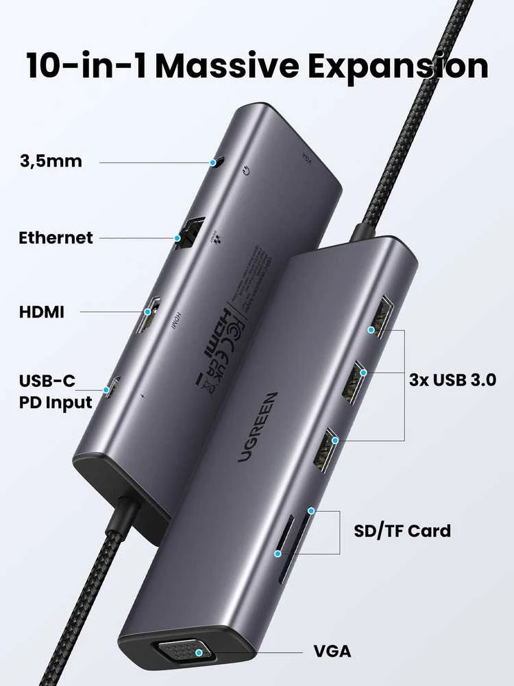 Adapteris 10w1 UGREEN Revodok CM498 Hub USB iki 3x USB-A 3.0, HDMI, VGA, RJ45, SD/TF, AUX3.5mm, PD keitiklis