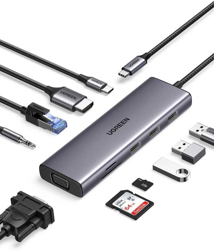 Adapteris 10w1 UGREEN Revodok CM498 Hub USB iki 3x USB-A 3.0, HDMI, VGA, RJ45, SD/TF, AUX3.5mm, PD keitiklis