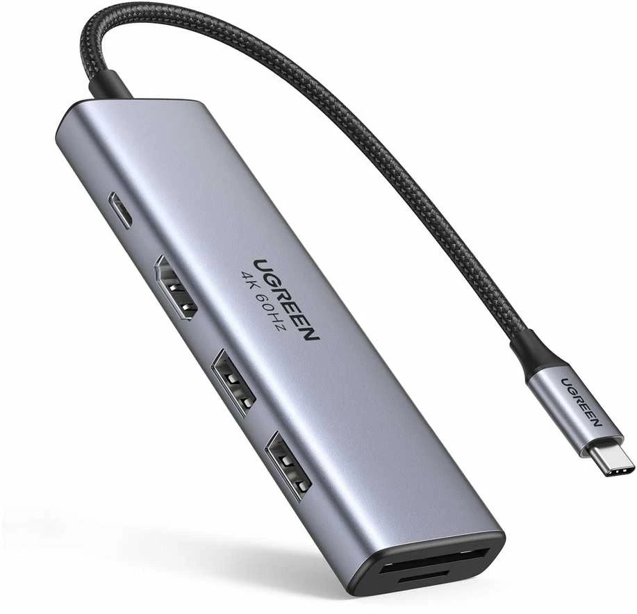 Ugreen daugiafunkcinis C tipo USB šakotuvas - 2x USB 3.2 Gen 1 / HDMI 4K 60Hz / SD ir TF kortelių skaitytuvas / C tipo USB PD 100W pilkos spalvos (60384 CM511)
