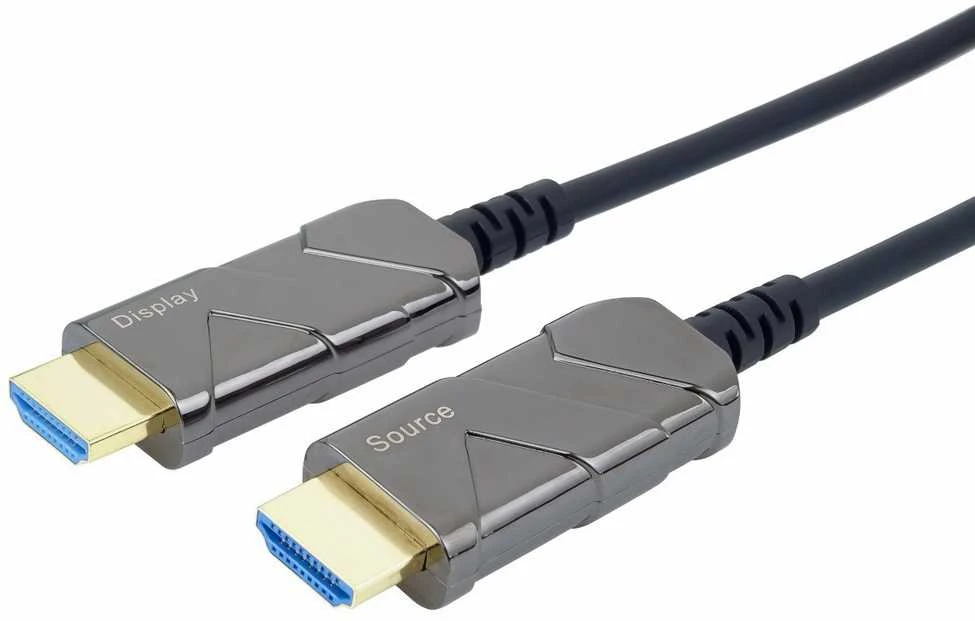 HDMI 2.1 optinis kabelis su pažymėtais Source ir Display jungtimis
