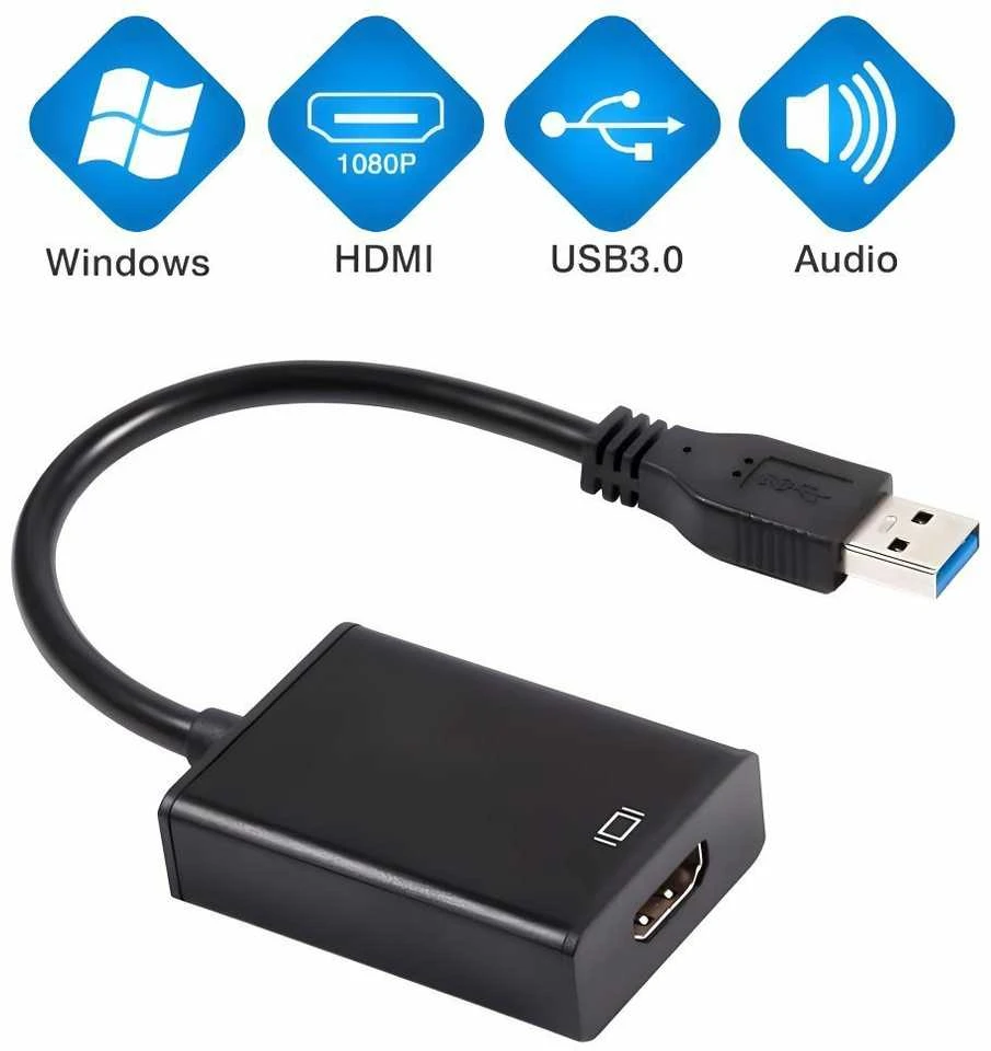 USB į HDMI adapteris su funkcijų piktogramomis