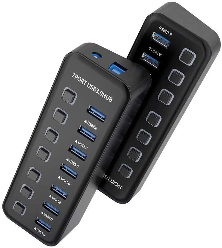 Juodas 7 prievadų USB šakotuvas su mygtukais