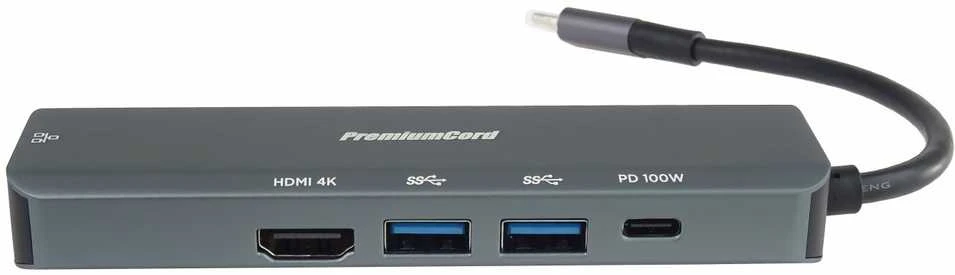 USB PremiumCord PREMIUMCORD šakotuvas, USB-C adapteris su gigabito 10/100/1000 Mbps + 1x HDMI, 2x USB3.2, 1x PD 100W jungtimi, Šedá