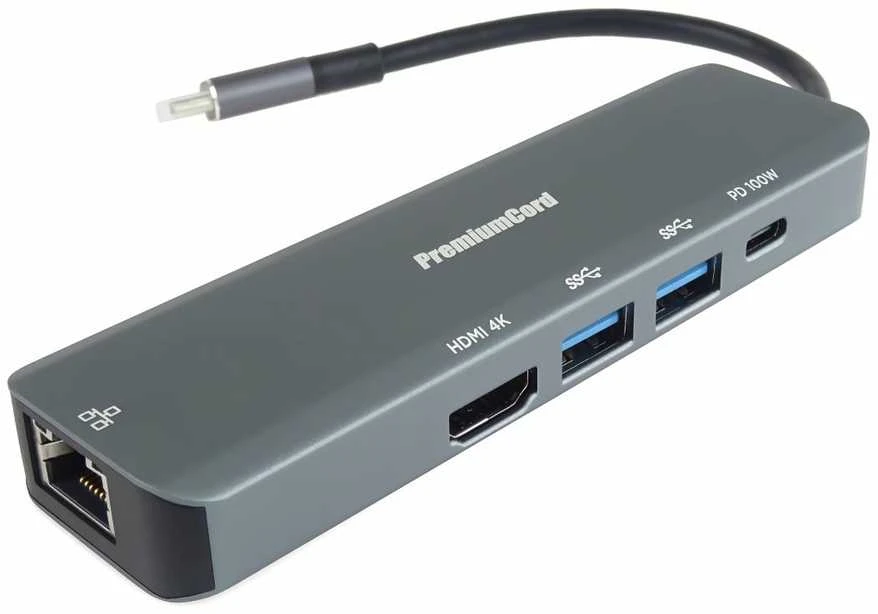 USB PremiumCord PREMIUMCORD šakotuvas, USB-C adapteris su gigabito 10/100/1000 Mbps + 1x HDMI, 2x USB3.2, 1x PD 100W jungtimi, Šedá