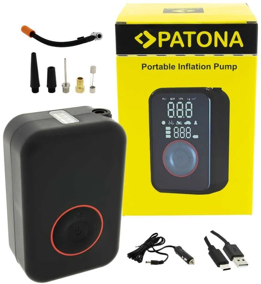 PATONA elektrinis siurblys automobilių padangoms, dviračių padangoms, čiužiniams, kamuoliams 10,3 baro / 150 PSI su išorine baterija ir LED apšvietimu