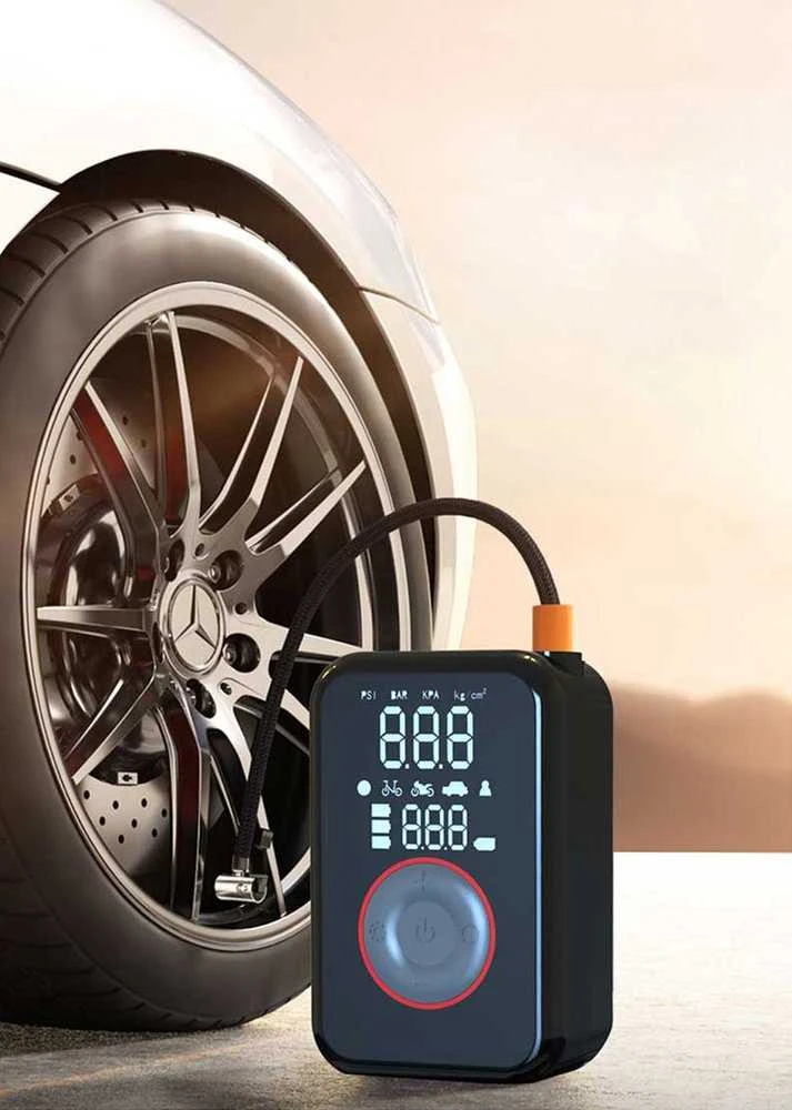 PATONA elektrinis siurblys automobilių padangoms, dviračių padangoms, čiužiniams, kamuoliams 10,3 baro / 150 PSI su išorine baterija ir LED apšvietimu