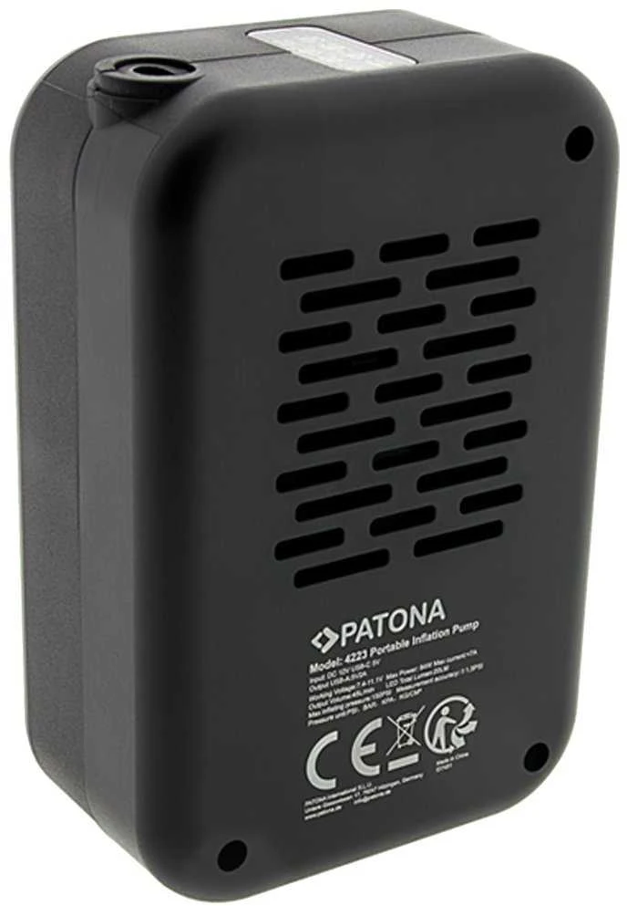 PATONA elektrinis siurblys automobilių padangoms, dviračių padangoms, čiužiniams, kamuoliams 10,3 baro / 150 PSI su išorine baterija ir LED apšvietimu