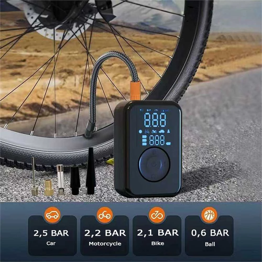 PATONA elektrinis siurblys automobilių padangoms, dviračių padangoms, čiužiniams, kamuoliams 10,3 baro / 150 PSI su išorine baterija ir LED apšvietimu
