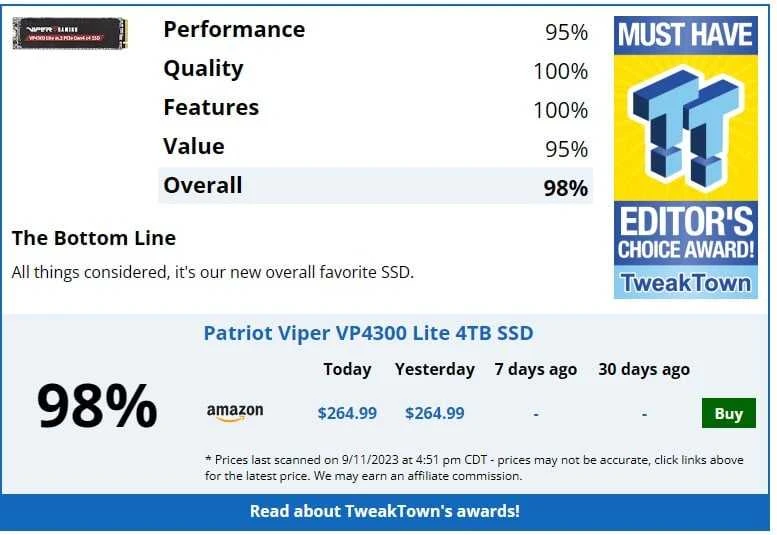 M.2 SSD - Patriot Memory VP4300 Lite 4TB PCIe 4.0 7400MB/s Skaitymas 6000MB/s Rašymas