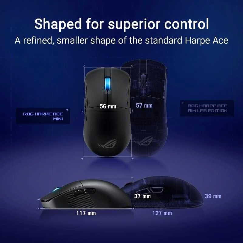 ASUS ROG Harpe Ace Mini belaidė žaidimų pelė, optinis jutiklis, 42,000 DPI, 5 mygtukai, juoda, abiejų rankų, USB Type-C ir Bluetooth ryšys