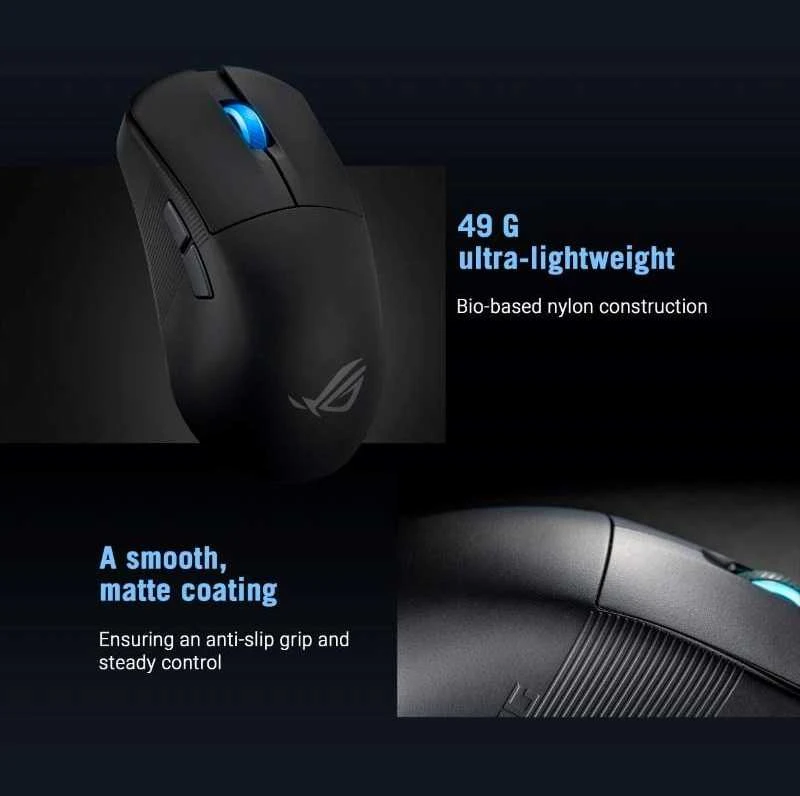 ASUS ROG Harpe Ace Mini belaidė žaidimų pelė, optinis jutiklis, 42,000 DPI, 5 mygtukai, juoda, abiejų rankų, USB Type-C ir Bluetooth ryšys