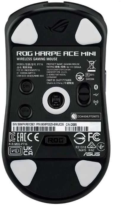 ASUS ROG Harpe Ace Mini belaidė žaidimų pelė, optinis jutiklis, 42,000 DPI, 5 mygtukai, juoda, abiejų rankų, USB Type-C ir Bluetooth ryšys