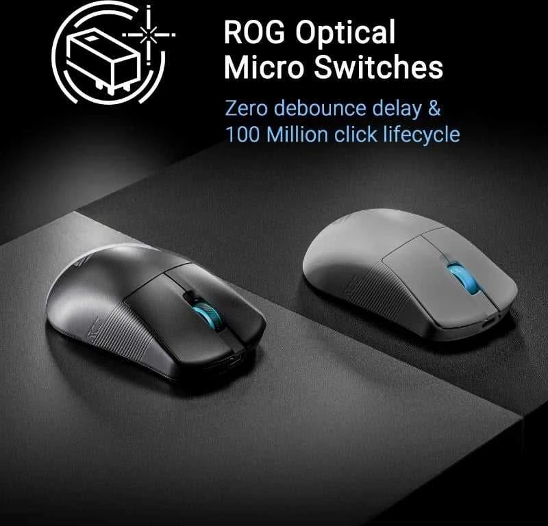 ASUS ROG Harpe Ace Mini belaidė žaidimų pelė, optinis jutiklis, 42,000 DPI, 5 mygtukai, juoda, abiejų rankų, USB Type-C ir Bluetooth ryšys