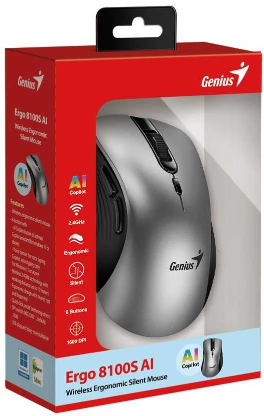 Genius Ergo 8100S AI Bevielė pelė, sidabrinė ir-juoda, 1600DPI