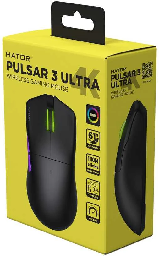 Pelė Myszka žaidimams Hator Pulsar 3 Ultra 4K Wireless HTM680 su laidu 30000 dpi optinė juoda