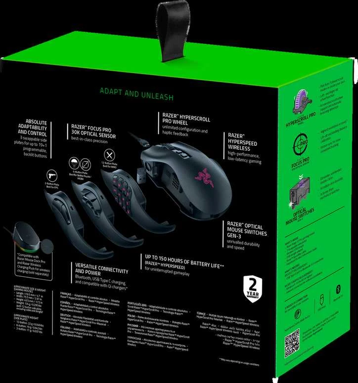 Razer | Naga V2 Pro | Pelė žaidimams | Wireless | 2.4GHz, Bluetooth | Juodas | Yes