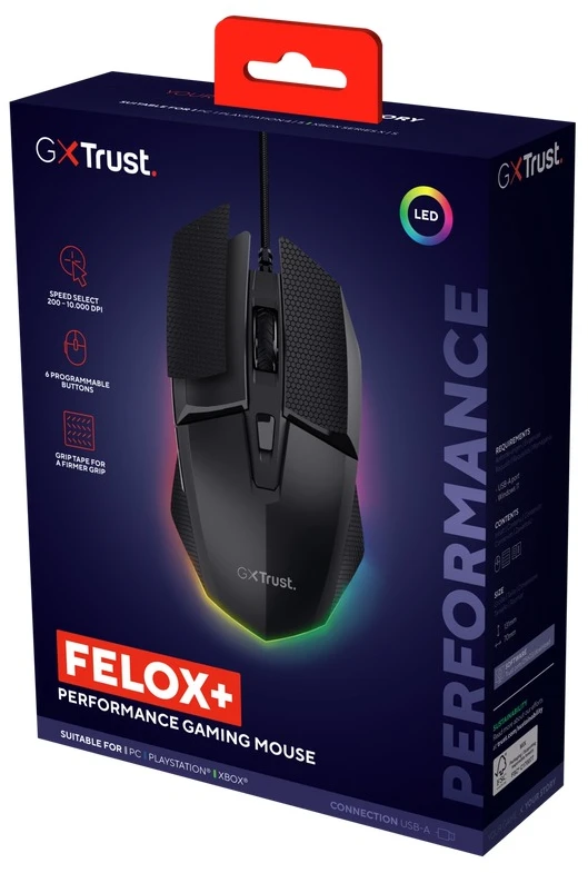 Pelė Myszka žaidimams Trust GXT 121 FELOX+ su laidu 10000 dpi optinė juoda