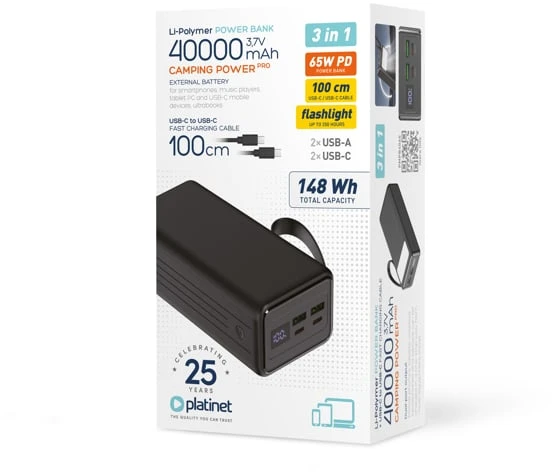 Išorinė baterija POWER BANK Platinet Flashlight 60000mAh (4xUSB; 2xType-C; usb-C cable; 65W) juoda