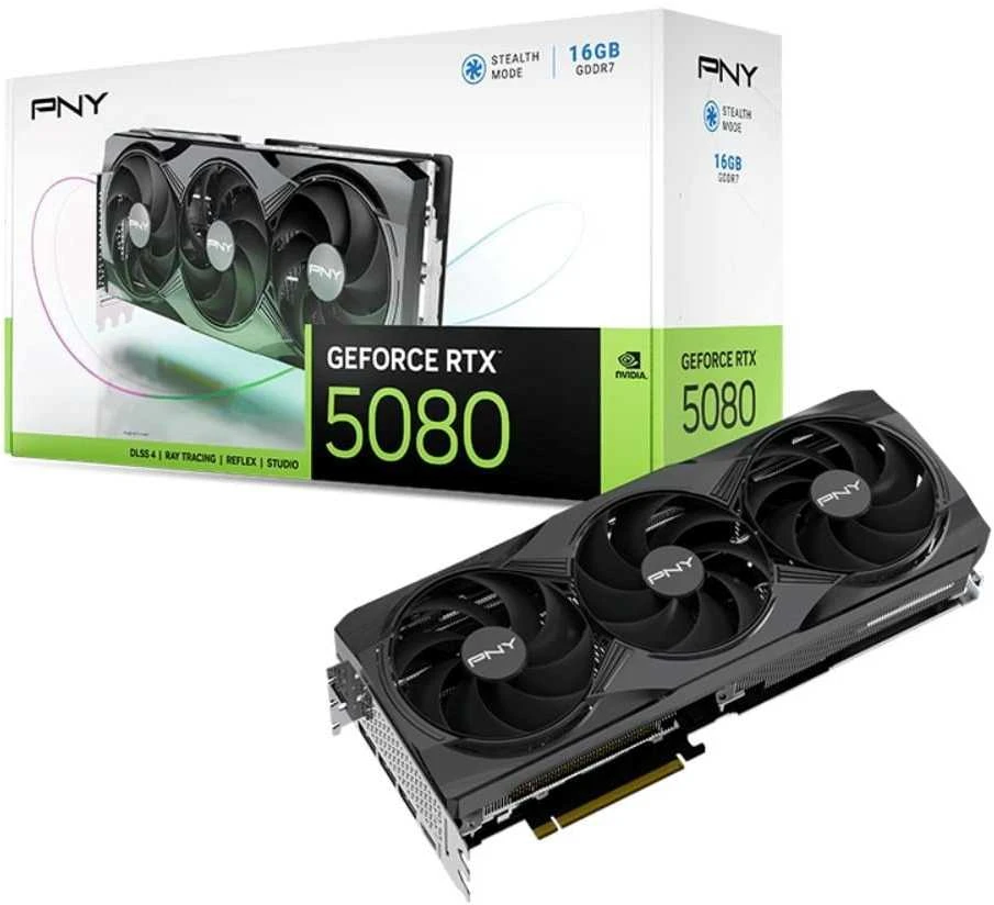Vaizdo plokštė PNY Technologies PNY GeForce RTX 5080 su trijų ventiliatorių NVIDIA 16 GB GDDR7