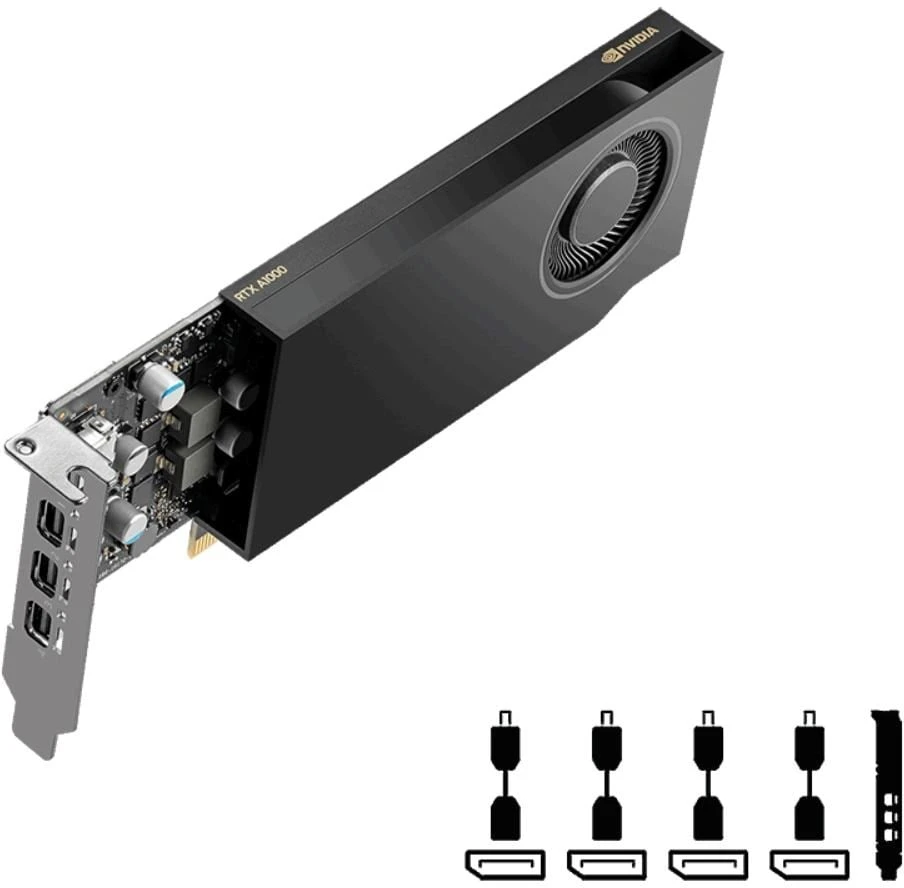 PNY NVIDIA A1000 8 GB LowProfile PCI-Express 4.0 x 16, LP8 GB GDDR6 128 bitų 4x Mini DP 1.4 diegimo vadovas, palaikymo vadovas 4x mDP į DP adapteris, 1x LP laikiklis"
