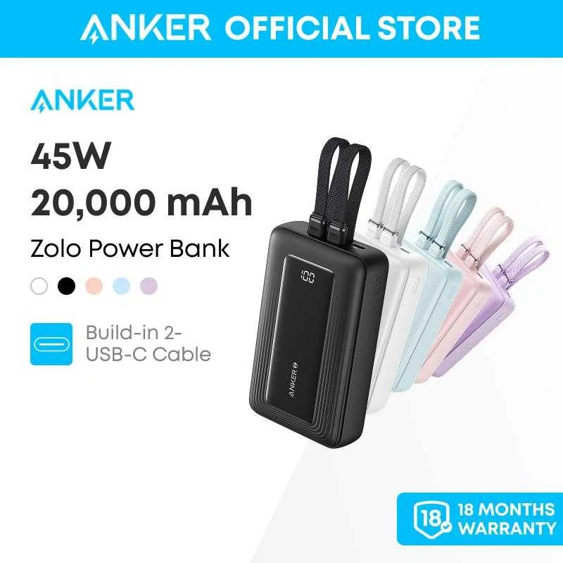 „Anker Zolo“ išorinė baterija (45 W, įmontuoti du USB-C laidai) | 20000 mAh | Juodas