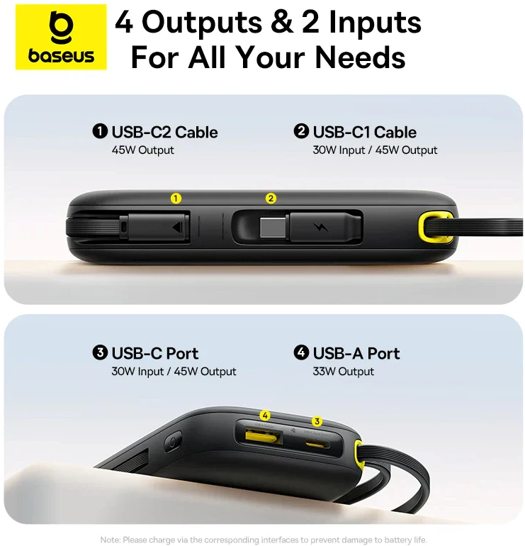 Baseus EnerFill FC31 20000mAh 45W išorinė baterija su ekranu, USB-C ir „Lightning“ laidais - Juodas