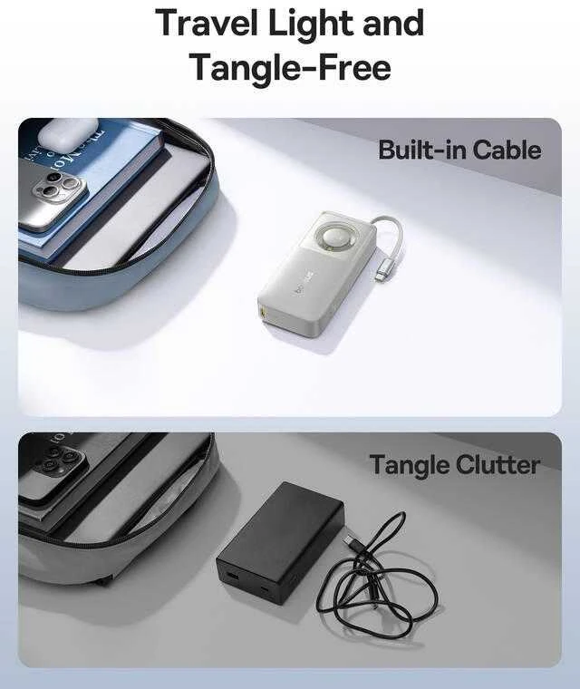 Baseus „Free2Pull“ 10000 mAh 30 W išorinė baterija su USB-C prievadu ir ištraukiamu USB-C laidu – pilkos spalvos