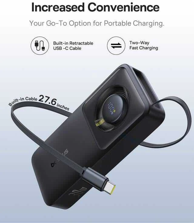 Baseus Free2Pull 10000mAh 30W powerbank su USB-C port and retractable USB-C kabeliu – juodos spalvos