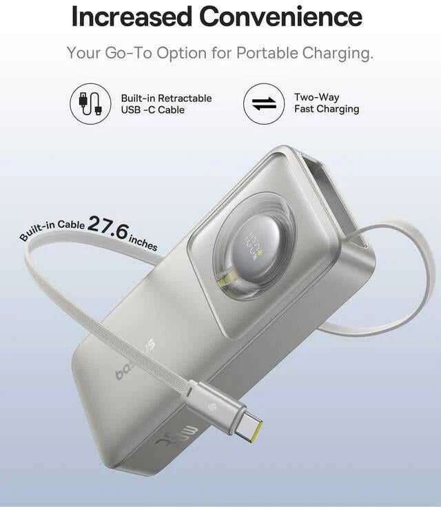 Baseus „Free2Pull“ 10000 mAh 30 W išorinė baterija su USB-C prievadu ir ištraukiamu USB-C laidu – pilkos spalvos