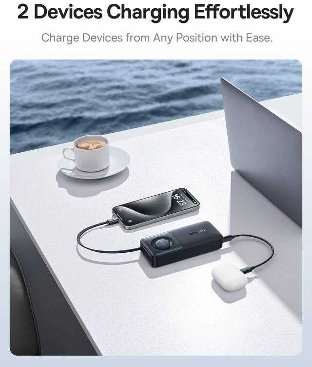 Baseus Free2Pull 10000mAh 30W powerbank su USB-C port and retractable USB-C kabeliu – juodos spalvos
