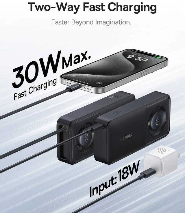 Baseus Free2Pull 10000mAh 30W powerbank su USB-C port and retractable USB-C kabeliu – juodos spalvos