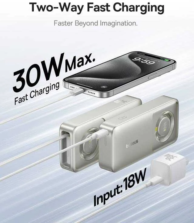 Baseus „Free2Pull“ 10000 mAh 30 W išorinė baterija su USB-C prievadu ir ištraukiamu USB-C laidu – pilkos spalvos