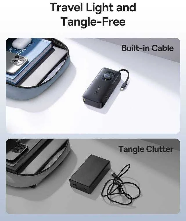Baseus Free2Pull 10000mAh 30W powerbank su USB-C port and retractable USB-C kabeliu – juodos spalvos