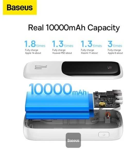 Powerbank Baseus Qpow PRO su laidu, USB-C, 2xUSB, 10000mAh, 20W (balta)