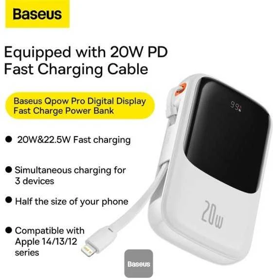 Powerbank Baseus Qpow PRO su laidu, USB-C, 2xUSB, 10000mAh, 20W (balta)