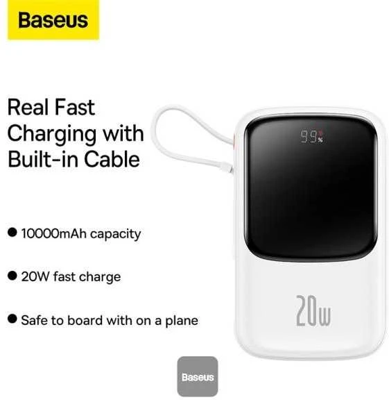 Powerbank Baseus Qpow PRO su laidu, USB-C, 2xUSB, 10000mAh, 20W (balta)
