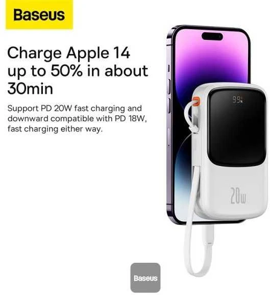 Powerbank Baseus Qpow PRO su laidu, USB-C, 2xUSB, 10000mAh, 20W (balta)