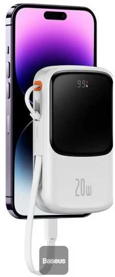 Powerbank Baseus Qpow PRO su laidu, USB-C, 2xUSB, 10000mAh, 20W (balta)