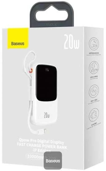 Powerbank Baseus Qpow PRO su laidu, USB-C, 2xUSB, 10000mAh, 20W (balta)