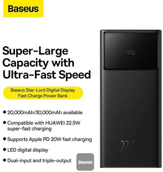 Baseus Star-Lord Powerbank, 30 000 mAh, USB, USB-C, 22.5 W (fekete)
