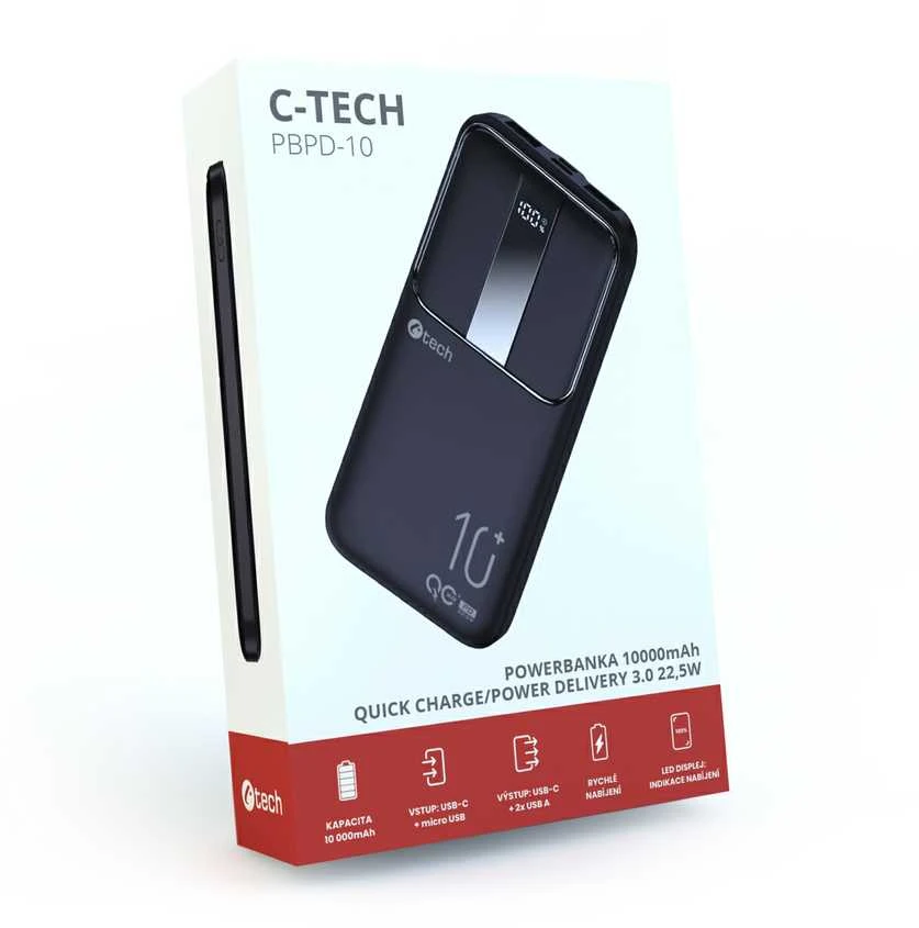 C-tech Powerbank 10000mAh, Li-Pol, 22,5W, USB-C/USB-A/micro USB