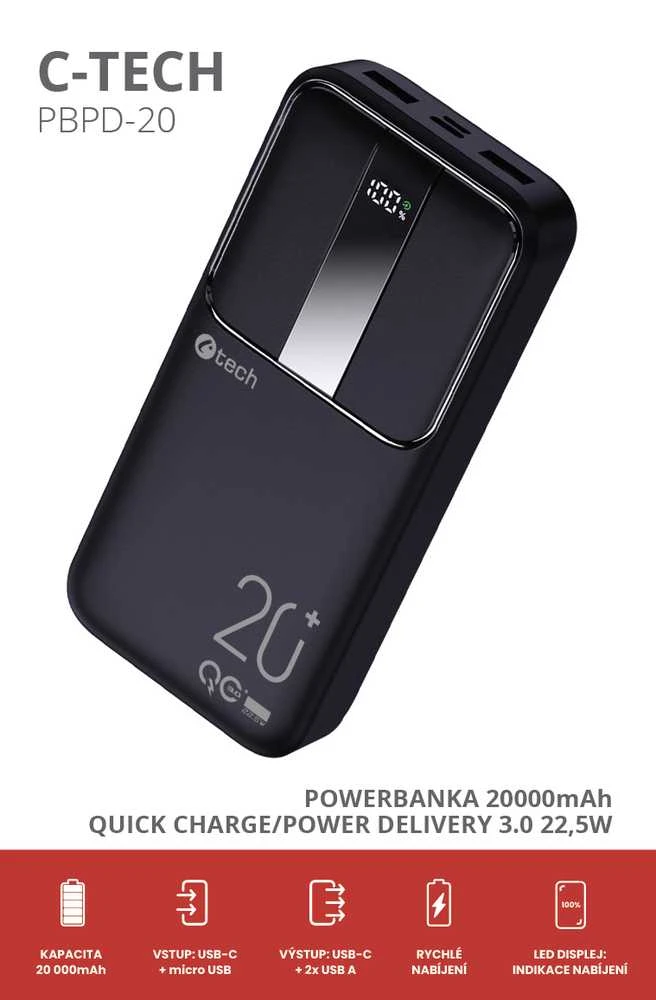 C-tech Powerbank 20000mAh, Li-Pol, 22,5W, USB-C / USB-A / mikro USB