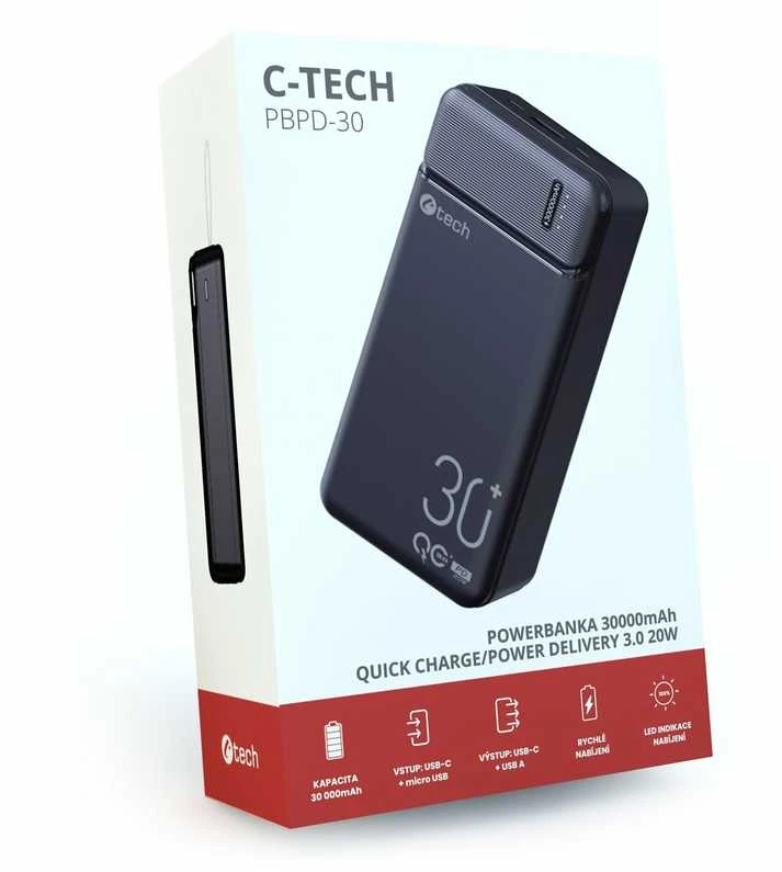 Powerbank C-tech 30000mAh, Li-Pol, 20W, USB-C/USB-A/micro USB