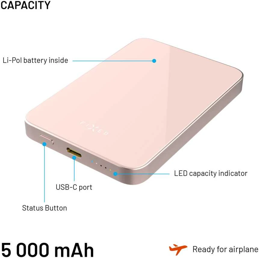 Fixed Fiksuotas „MagZen 5 Crystal Qi2 5000 mAh 20W“ rožinis