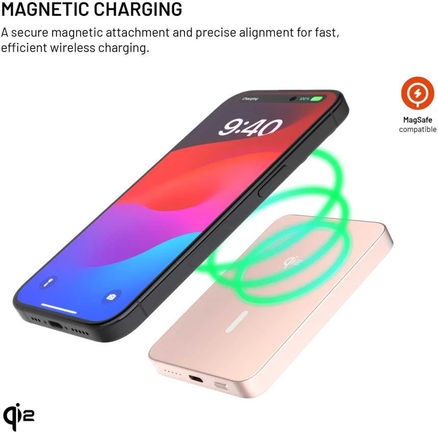 Fixed Fiksuotas „MagZen 5 Crystal Qi2 5000 mAh 20W“ rožinis