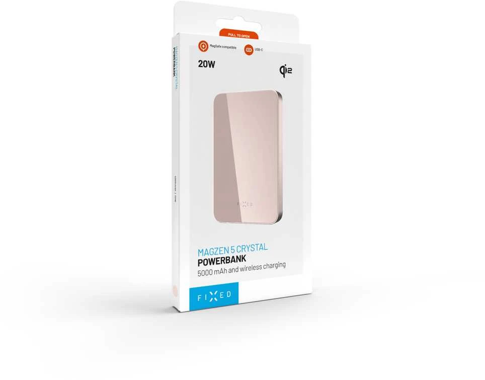Fixed Fiksuotas „MagZen 5 Crystal Qi2 5000 mAh 20W“ rožinis